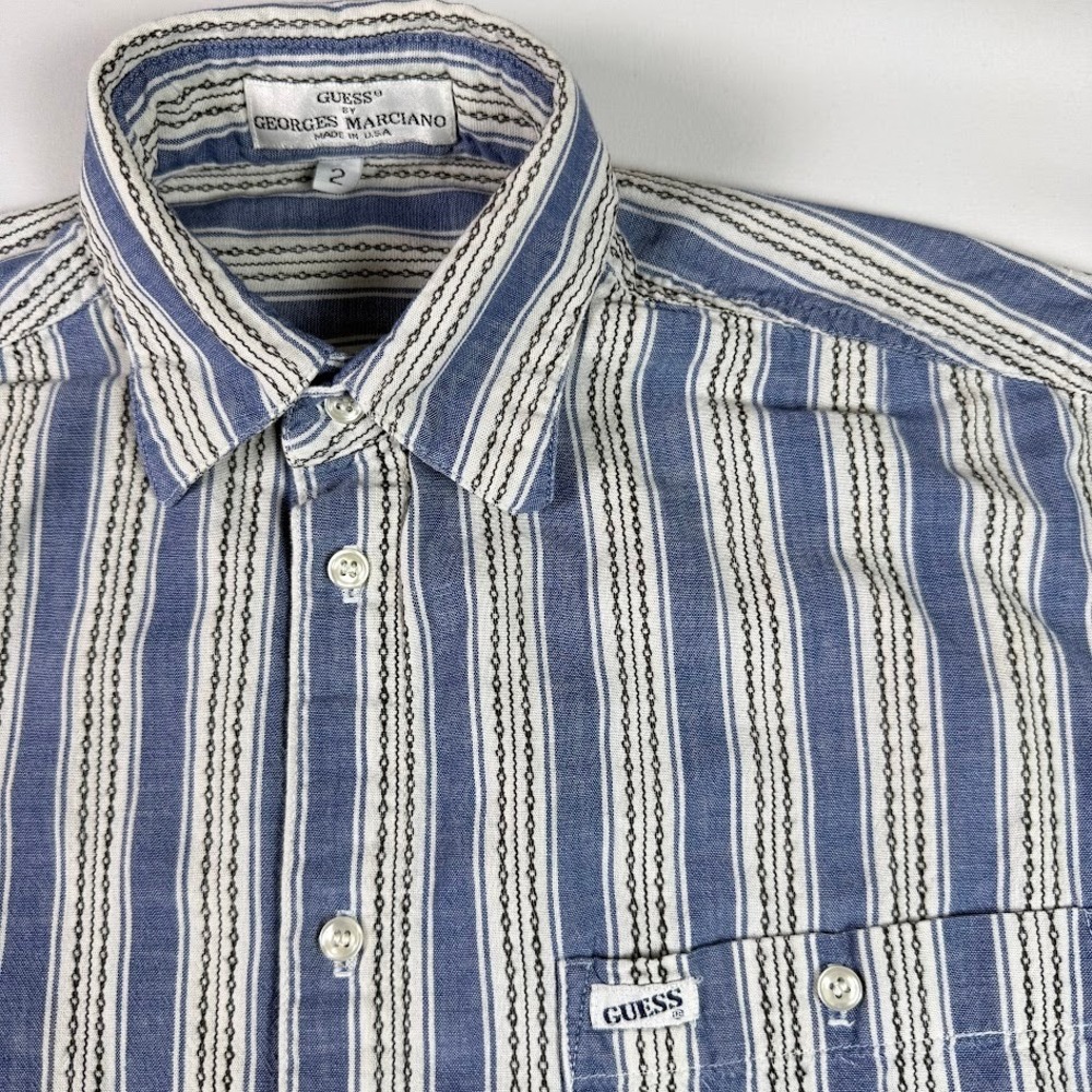 Vintage 90s Guess by Georges Marciano Striped Button Down Shirt Made USA Blue 2